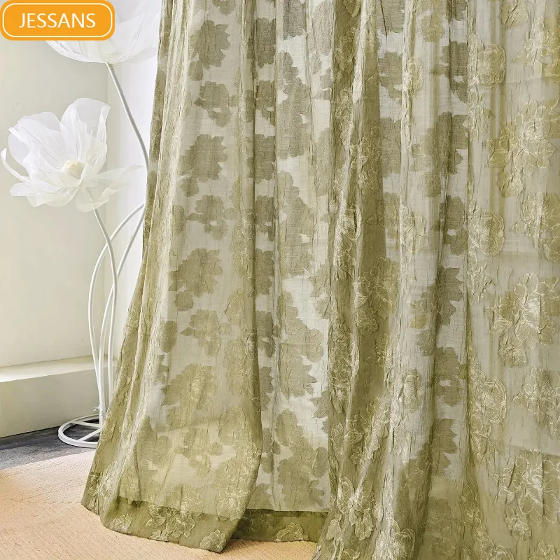 Green Relief Rose Window Curtains for Living Room Bedroom Balcony Bay Window Customized Partition Curtain Finished Product