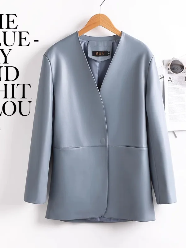 2025 Spring New Women's Medium Length eepskin Leather Jaet Bla Coat Outerwear Sli Commute Sle Slim Fit Leather