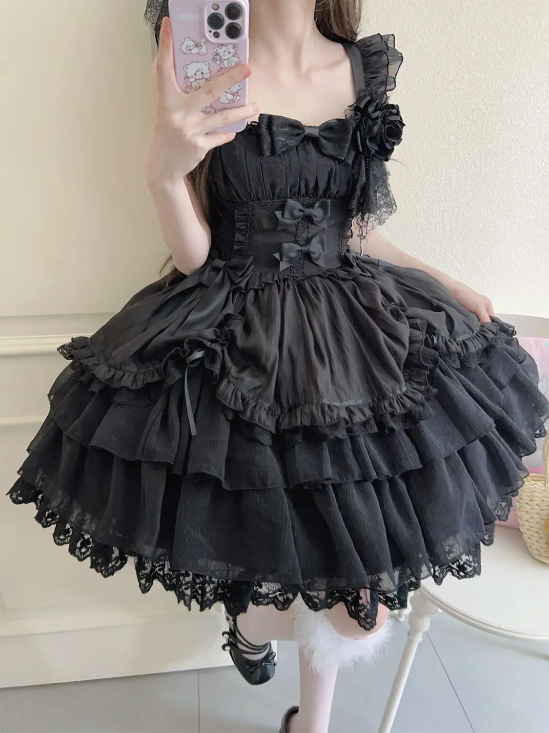 Oryginalny Projekt Nowa Letnia Sukienka Lolita Damska Słodka Kwiatowa Sukienka Ślubna Koronkowa Kokarda JSK Sukienka na Ramiączkach Czarno-Biała Księżniczka 2025