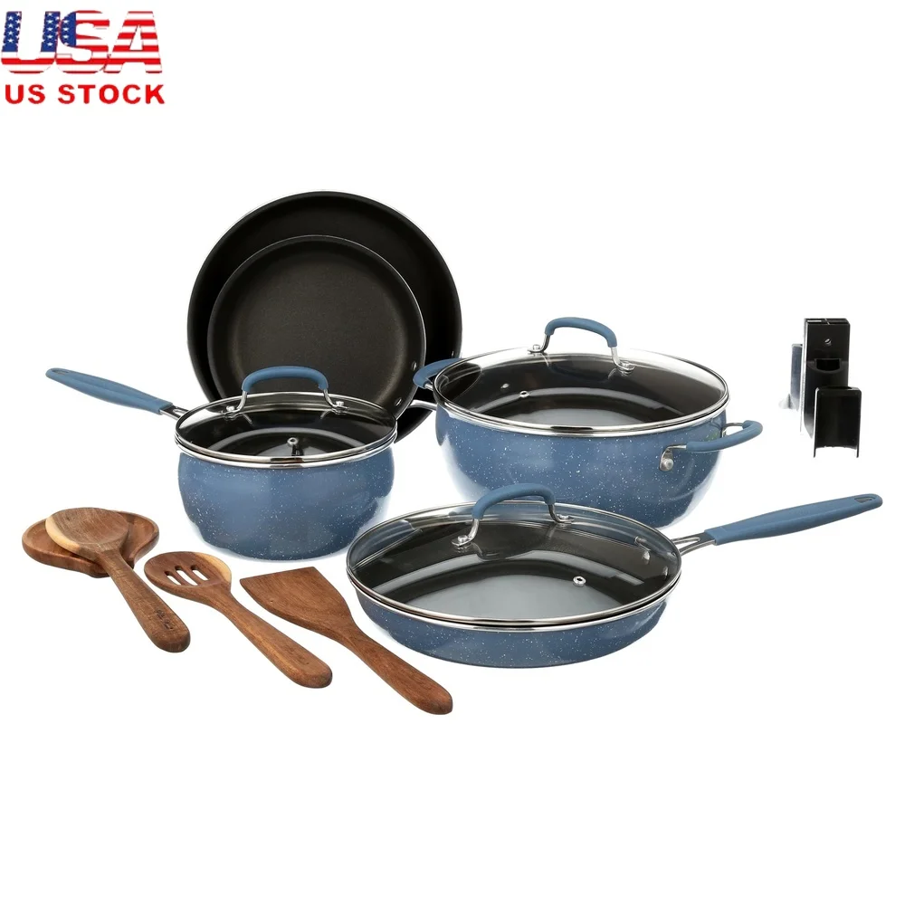 

12-Piece Nonstick Aluminum Cookware Set with Glass Lids Acacia Wood Utensils Dishwasher Safe Easy Cooking