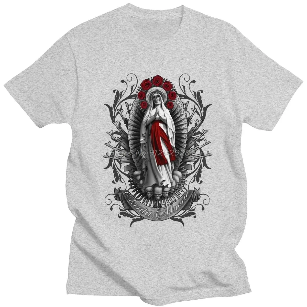 Fashion Men Santa Muerte T Shirt Short Sleeved Cotton Gothic Street Tops Lady of Holy Death T-shirt Mexican Skull Tee Clothing