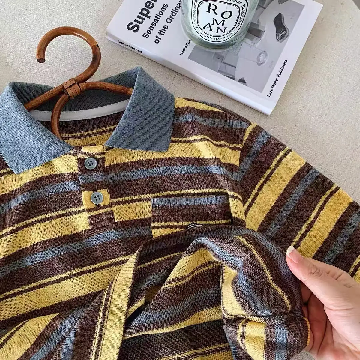 Frühling Herbst Neues gestreiftes Poloshirt für Kinder, Jungen und Mädchen, Oberteil mit Welpen-Tasche, Baby-Langarm-Basic-T-Shirt, modisch und gut aussehend – Detail 7