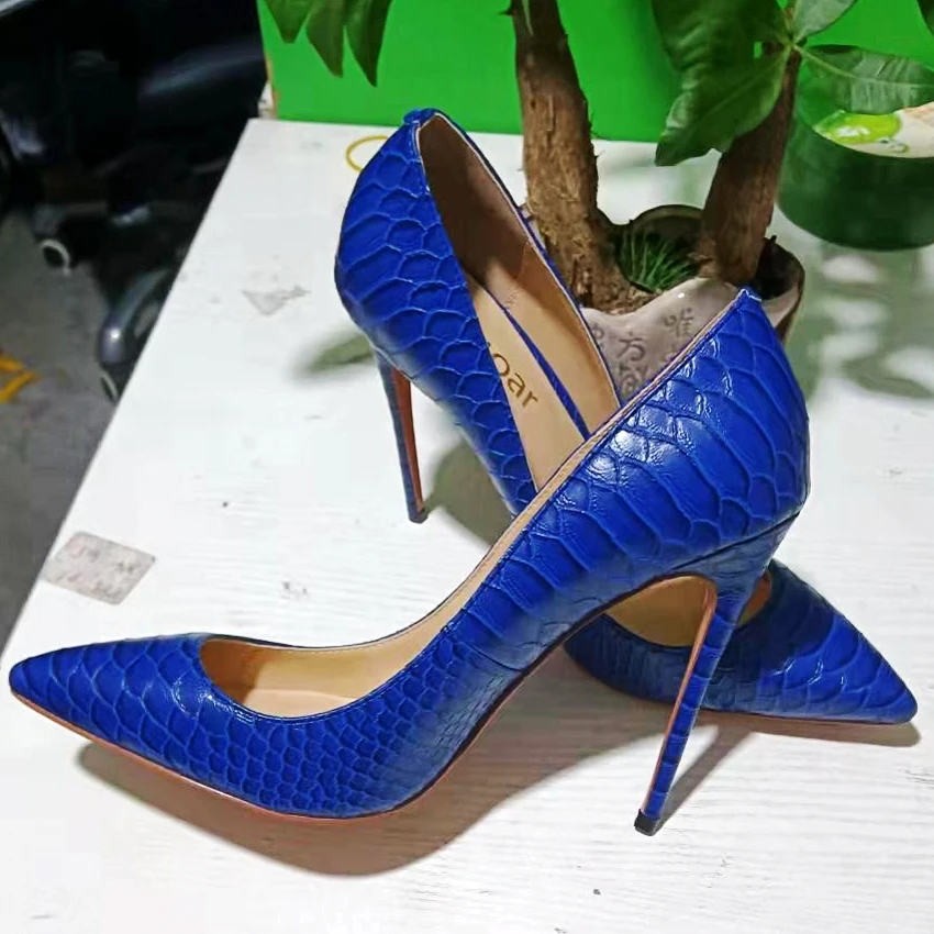 New Sexy Blue High Heels Women Pointed Toe Female Shoes For Ladies Snakeskin Leather Ladies Stiletto Bridal Vintage Pumps D039A