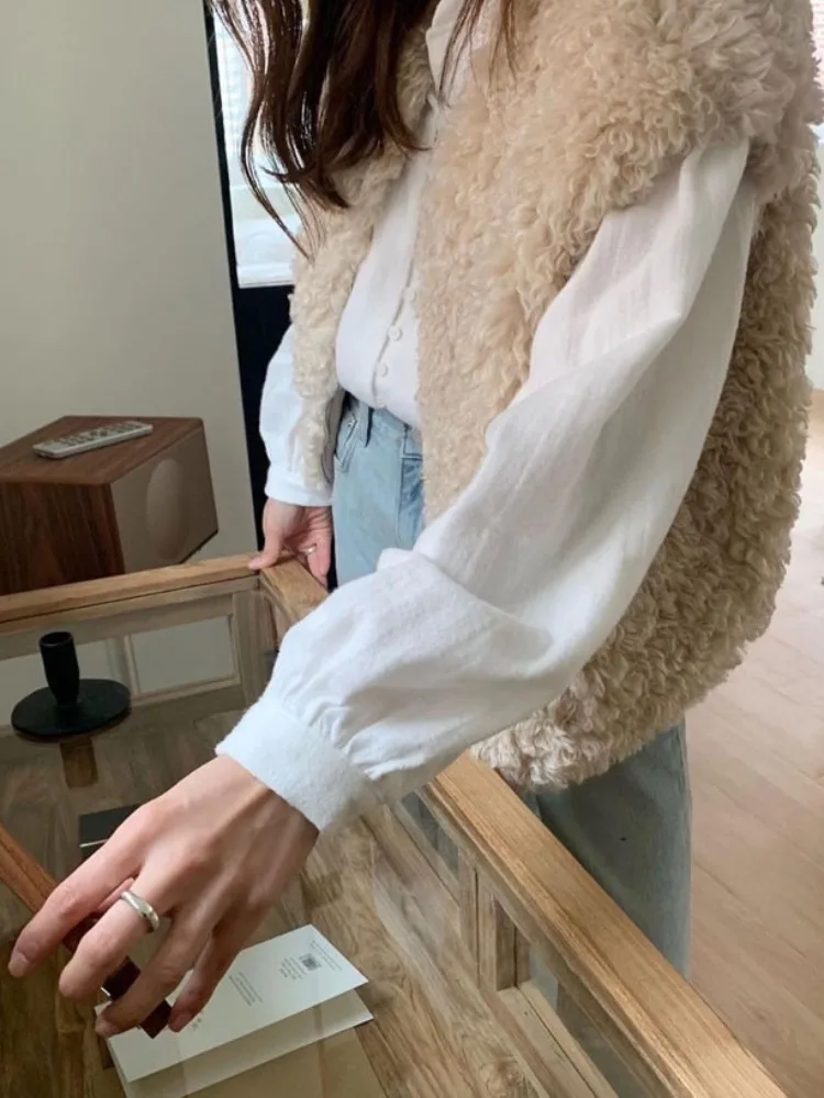 Chic Herbst Winter Vintage runde Ne Kreis Fce Lose Casual Vielseitige Lamm Pelz Weste Strickjacke Oberbekleidung für Junge Frauen