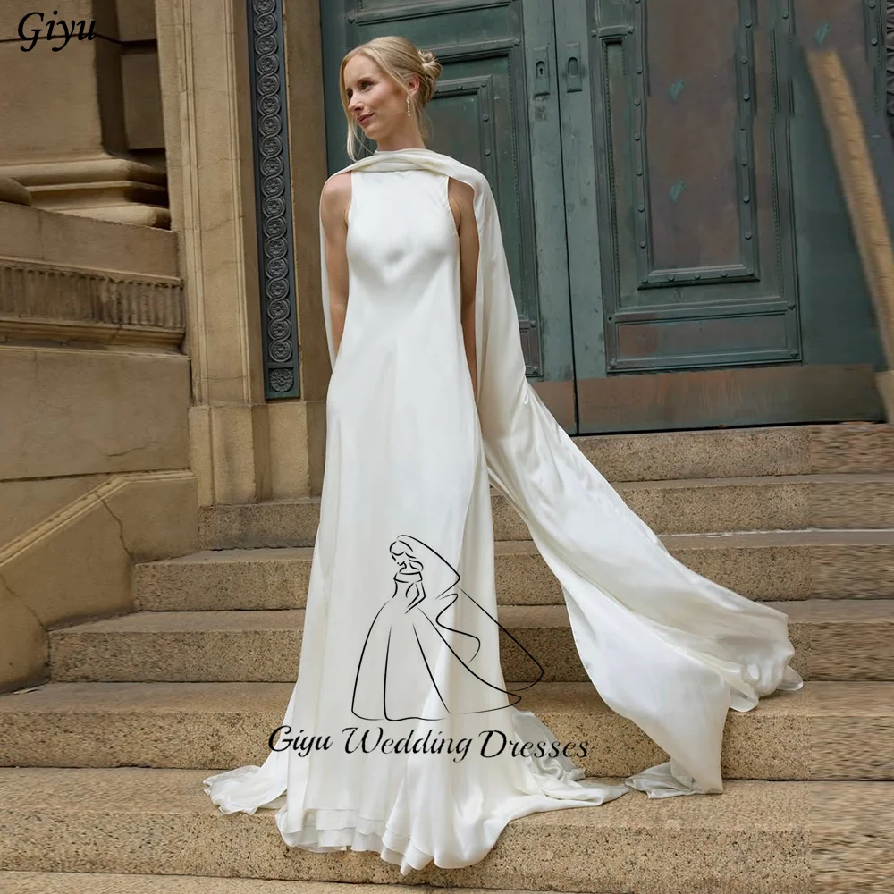 Giyu Elegant High Neck Sleeveless Wedding Dresses with Scarf 2026 A-line Pleat Bridal Gown Court Train Customized Robe De Mariée