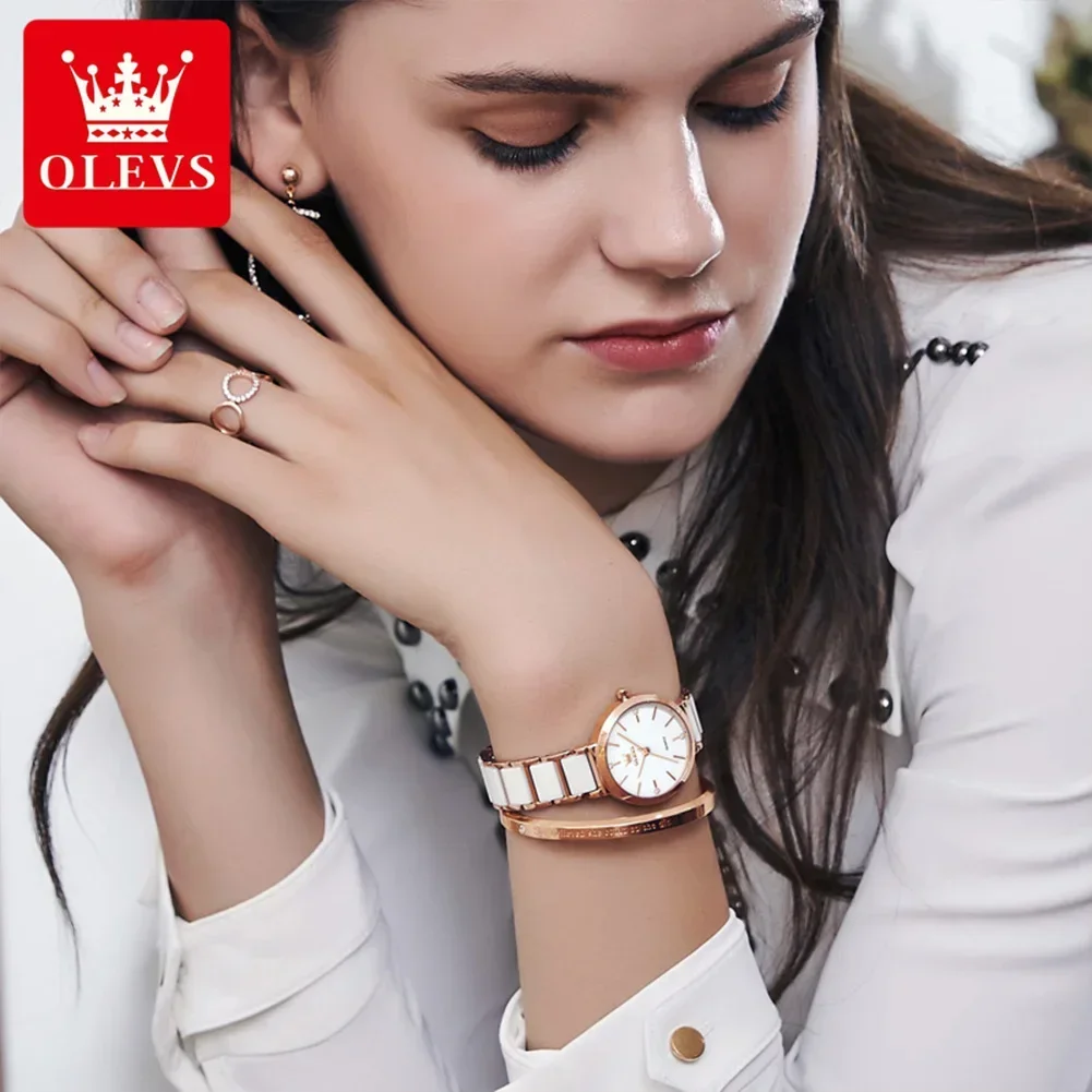 OLEVS Luxury Automatic Woman Watch Rose Gold Ceramics Strap Quartz Wrist Watch Waterproof Simple Dial Watches for Women Gift Set