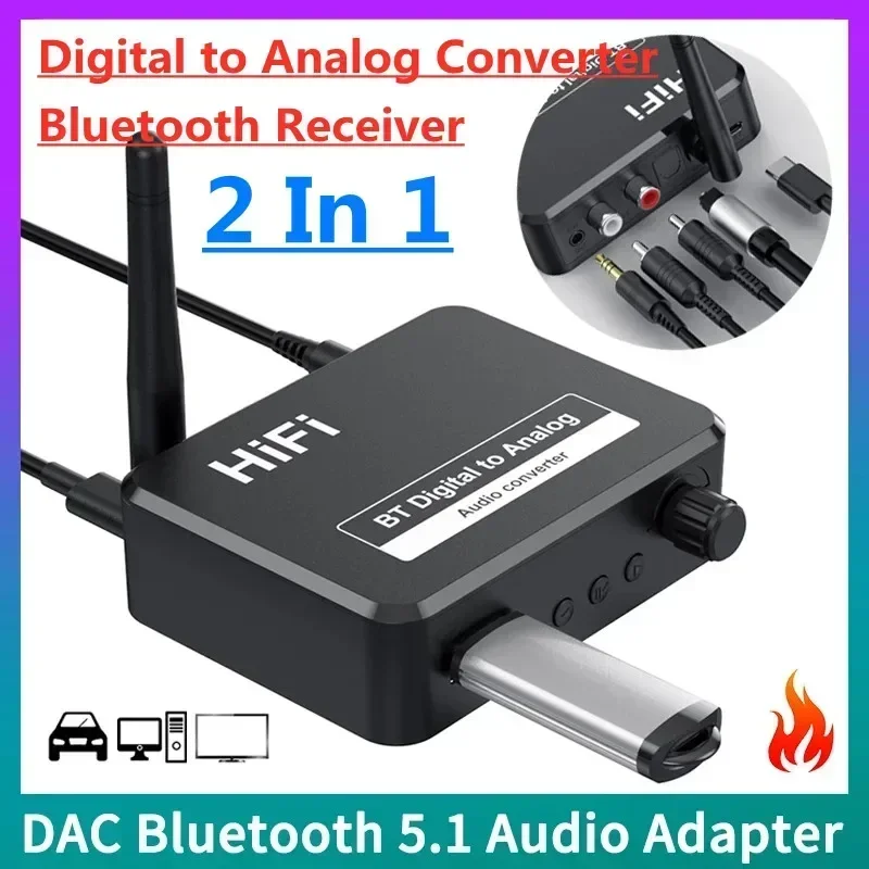 

Converter 3.5mm AUX RCA L/R U-Disk Optical Stereo Hifi DAC Bluetooth 5.1 Audio Receiver Digital to Analog 2 in1 Wireless Adadper