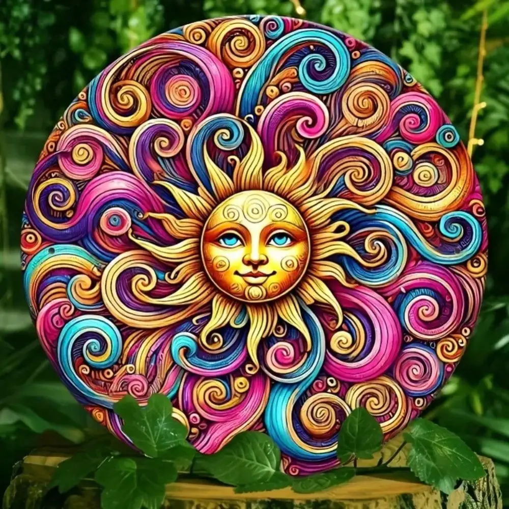 Psychedelic Sun Face 2D Flat High Definition Metal Wall Art Vibrant Colorful Swirl Patterns Golden Sunshine Mexican Sun God Ethn