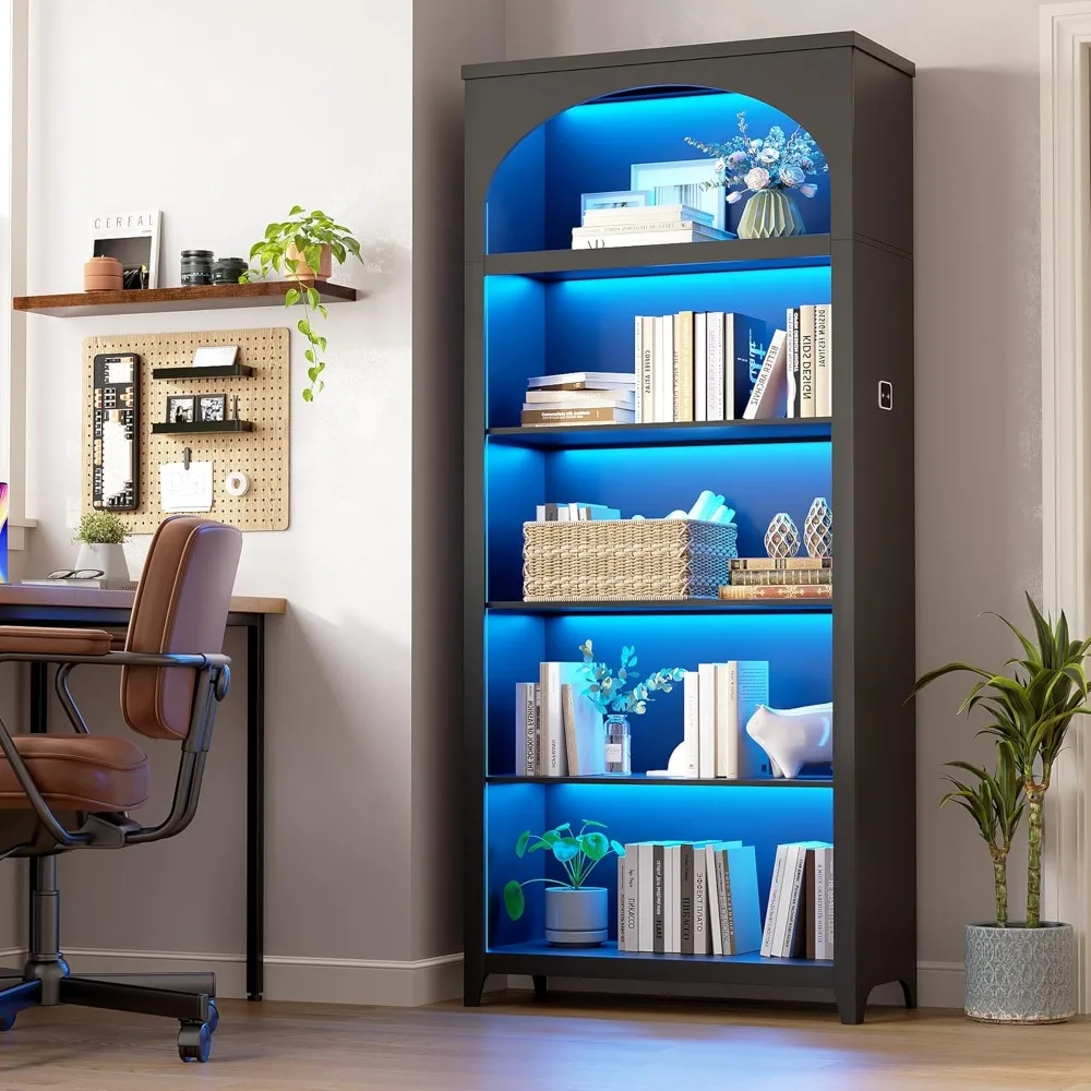 

70-Inch Tall 5-Tier LED-Illuminated Wooden Bookshelf with Storage, Modern Floor Standing Display Bookcase for Large Collections