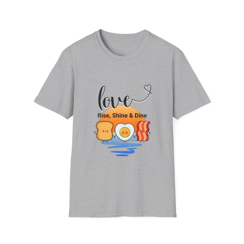 LOVE Rise Shine and Dine T Shirt Cute Breakfast Shirt Bacon Egg Toast Tee Foodie Graphic Gift Funny Morning Brunch Tee Unisex