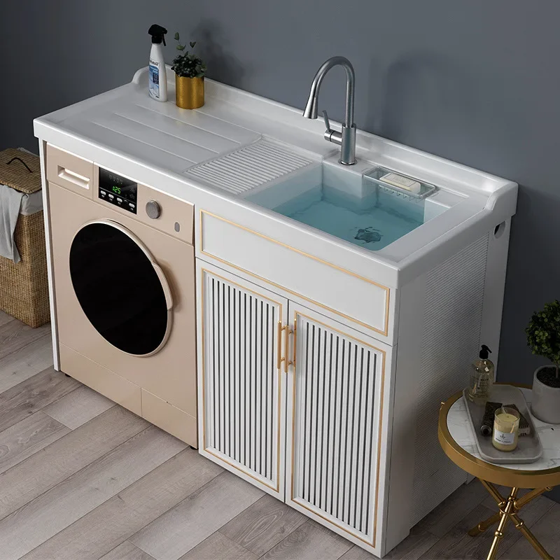 Balcony Cabinet Washing Machine Cabinet with Washboard Washing Machine Companion High and Low Basin Laundry Basin