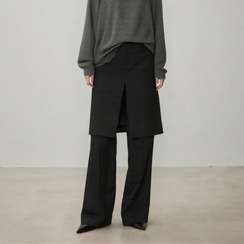 Jenny&dave2026 Franse vintage wol modieuze blogger gelaagde nep tweedelige split uitlopende broek minimalistische dames Cuteore broek