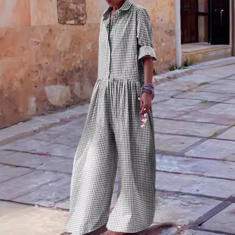 Loose Casual Plaid Print Jumpsuit Fashion Lapel Single Breasted Half Sleeved Wide Leg Jumpsuit Spring Summer Fashion Lady New