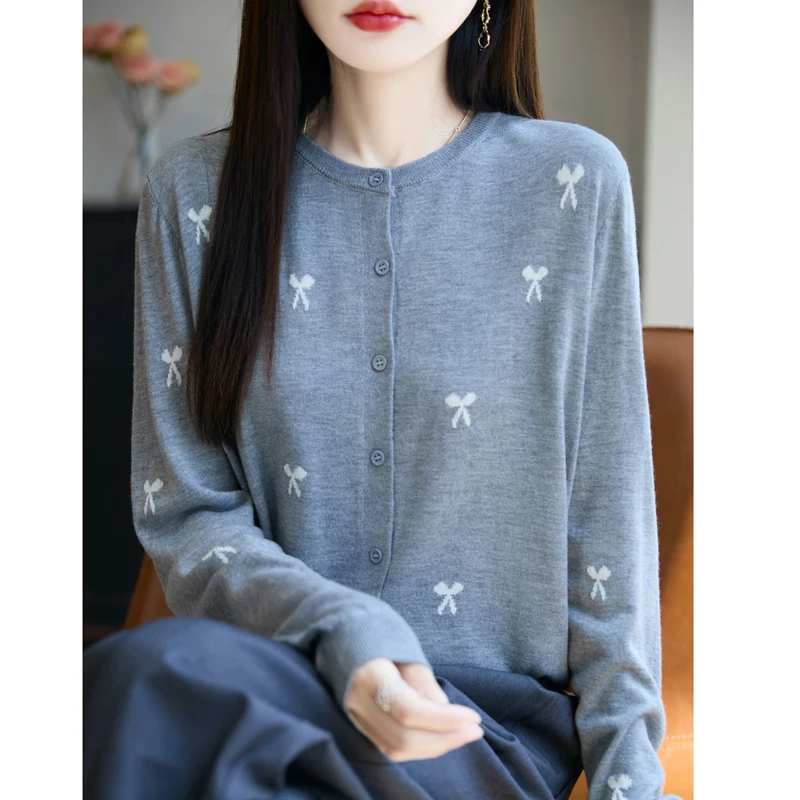 Autumn New Women's 30% Merino Wool Cardigan Color Contrast Sweater Bow Knot O‑Neck Long Sleeve Soft Warm Casual Knit Top