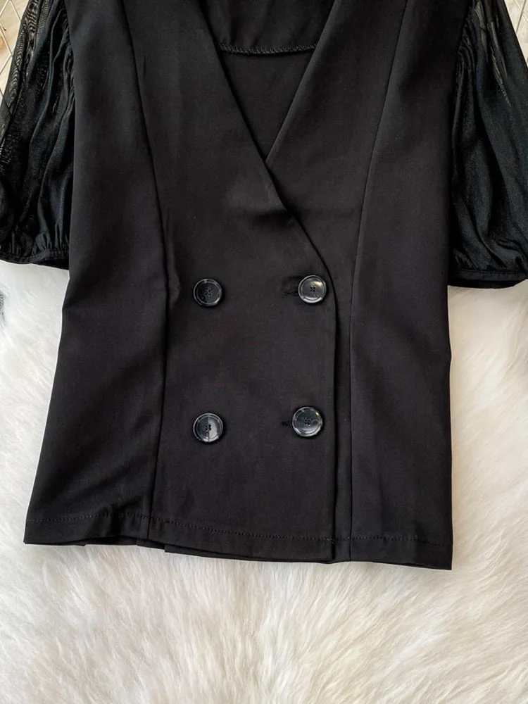 

Ele V-ne Bubble Sve Blouse Jaet Women's New Sle Double Button Loose Slimming Top Commute Korean Version Regular ...