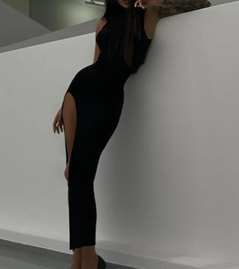 

Women's Clothing Dresses Solid Split-side Sleeveless High-neck Maxi Dresses Sleeveless Bodycon Vintage Elegant Robe Sexy Fashion
