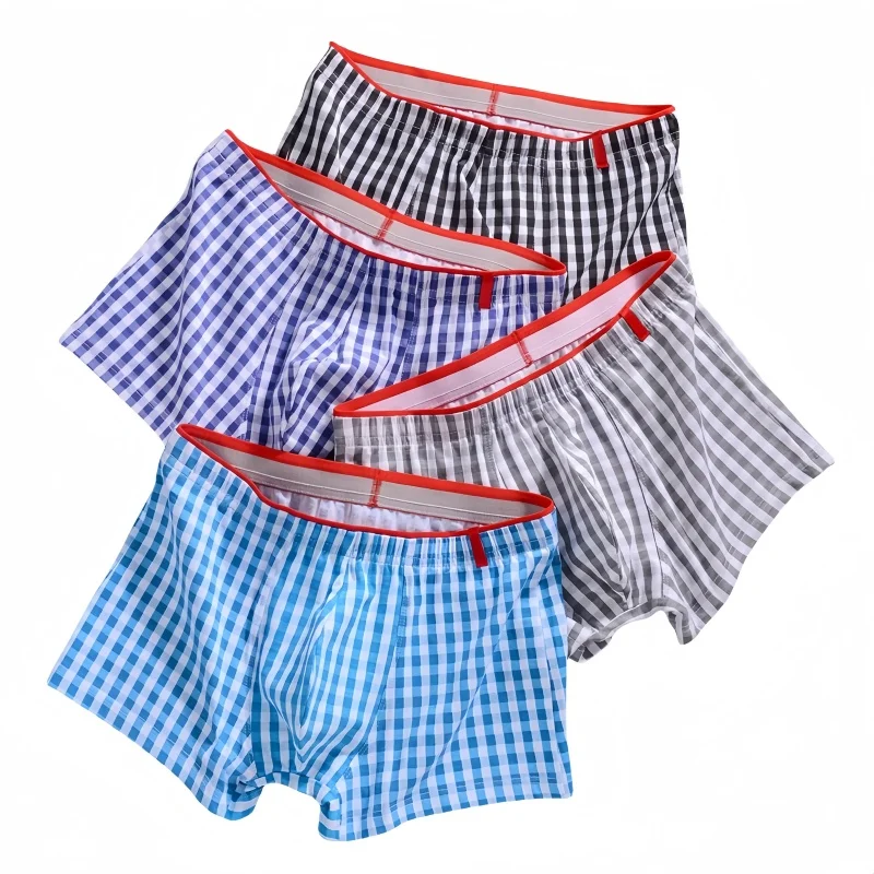 

Men Boxer Shorts Knit Plaid Panties Pure Cotton Breathable Underwear Loose Fashion Mid Waist Comfortable Sports Underpants