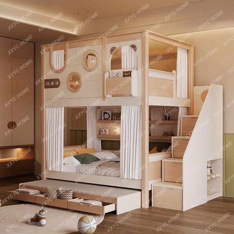 LChildren's bunk bed double height and low bed multi-functional two-layer mother and child bed raised combination