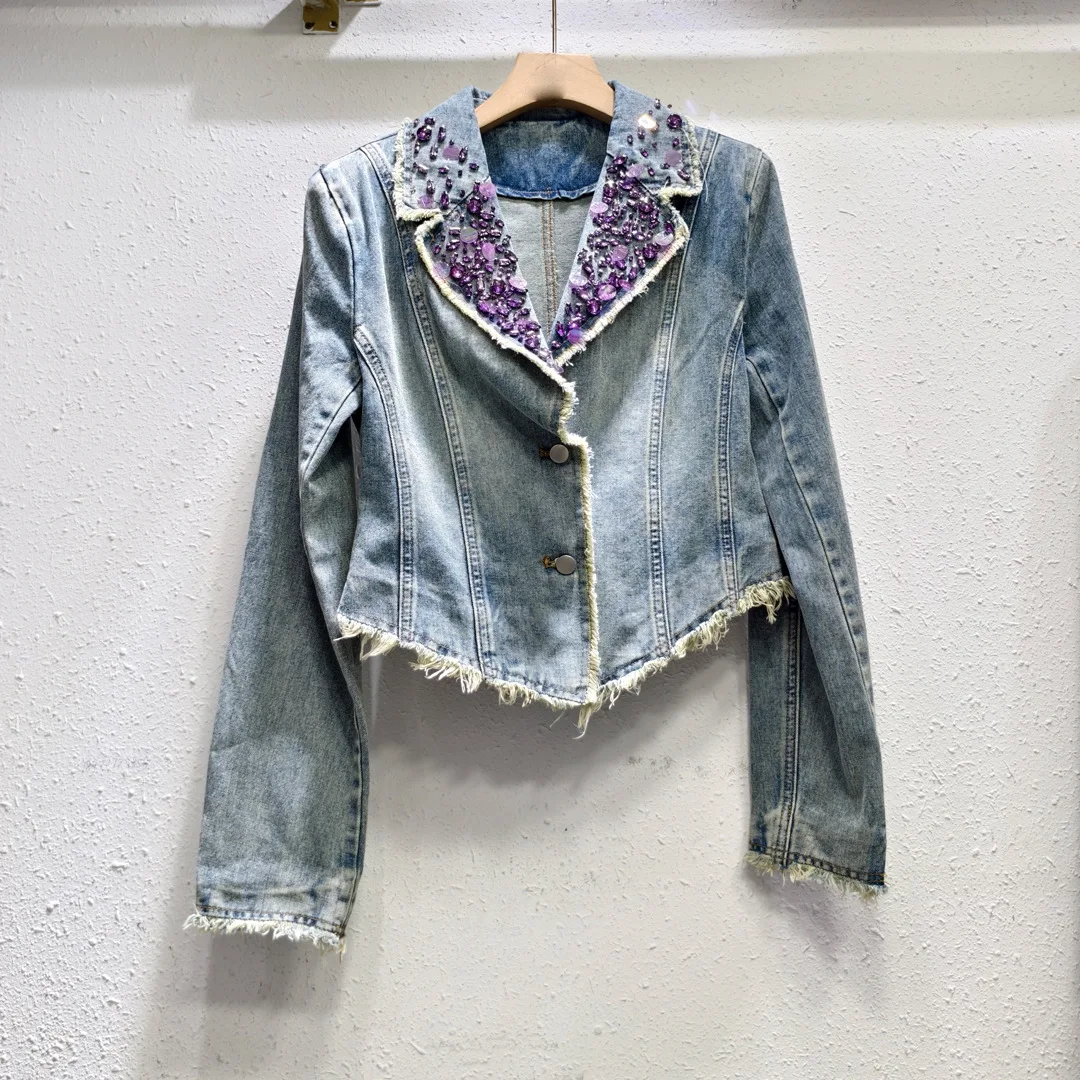 

Thai Trendy Brand 2024 Spring and Autumn Old Suit Rough-edged Denim Short Jacket Women's Thin Slim Top Jacket