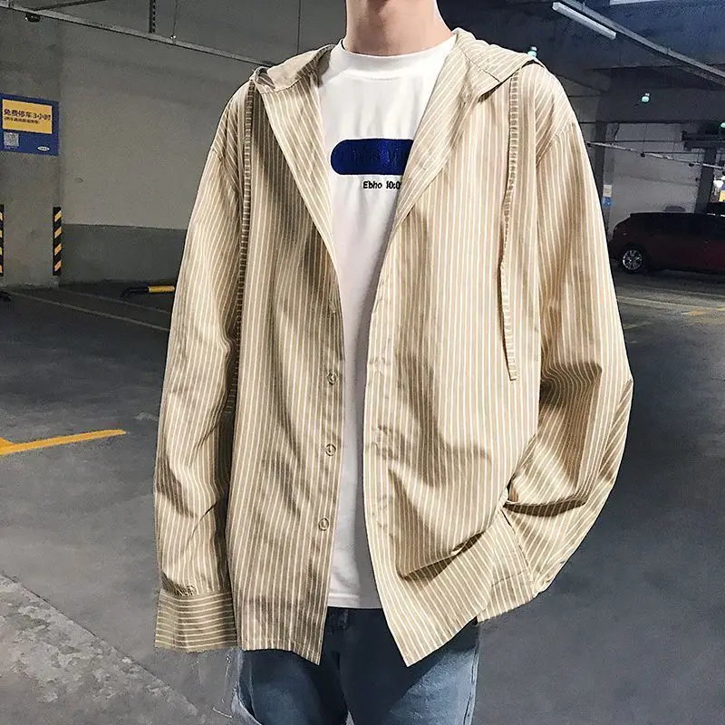 أنيقة الرجال الكورية نمط العصرية مقنعين فضفاضة مخطط قميص طويل الأكمام سترة رقيقة