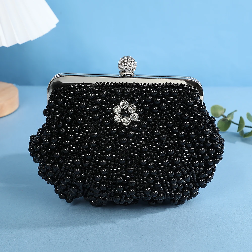 Luxury Wedding Pearl Purse shell Evening Handbag, Women Pearl Evening bag Cascading Beaded Rhinestone Fancy clutch purse