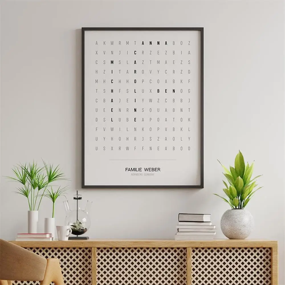 Anpassbare Poster mit Namensbuchstaben, Rasterposter für Paare, Familie, beste Freunde, Thema, schwarzer Buchstabe, Vorname, Nachname, Stadt