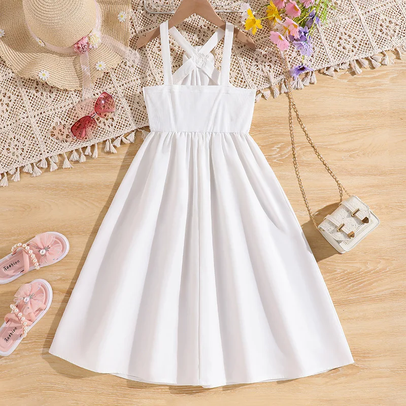 2025 New Arrival Girls Sleeveless Backless Flowers White Menina Cute Holiday Night Party Princess Dress Custume 8-12T