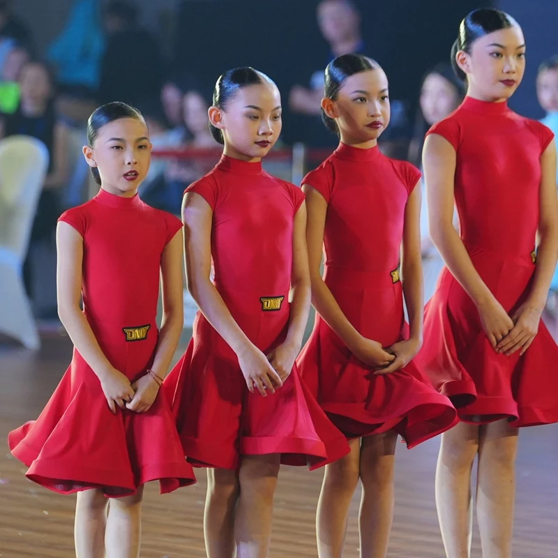 فساتين رقص قاعة الرقص الصيفية للأطفال بأكمام قصيرة للفتيات معيار وطني لمسابقات الرقص اللاتينية ملابس المسرح 12052