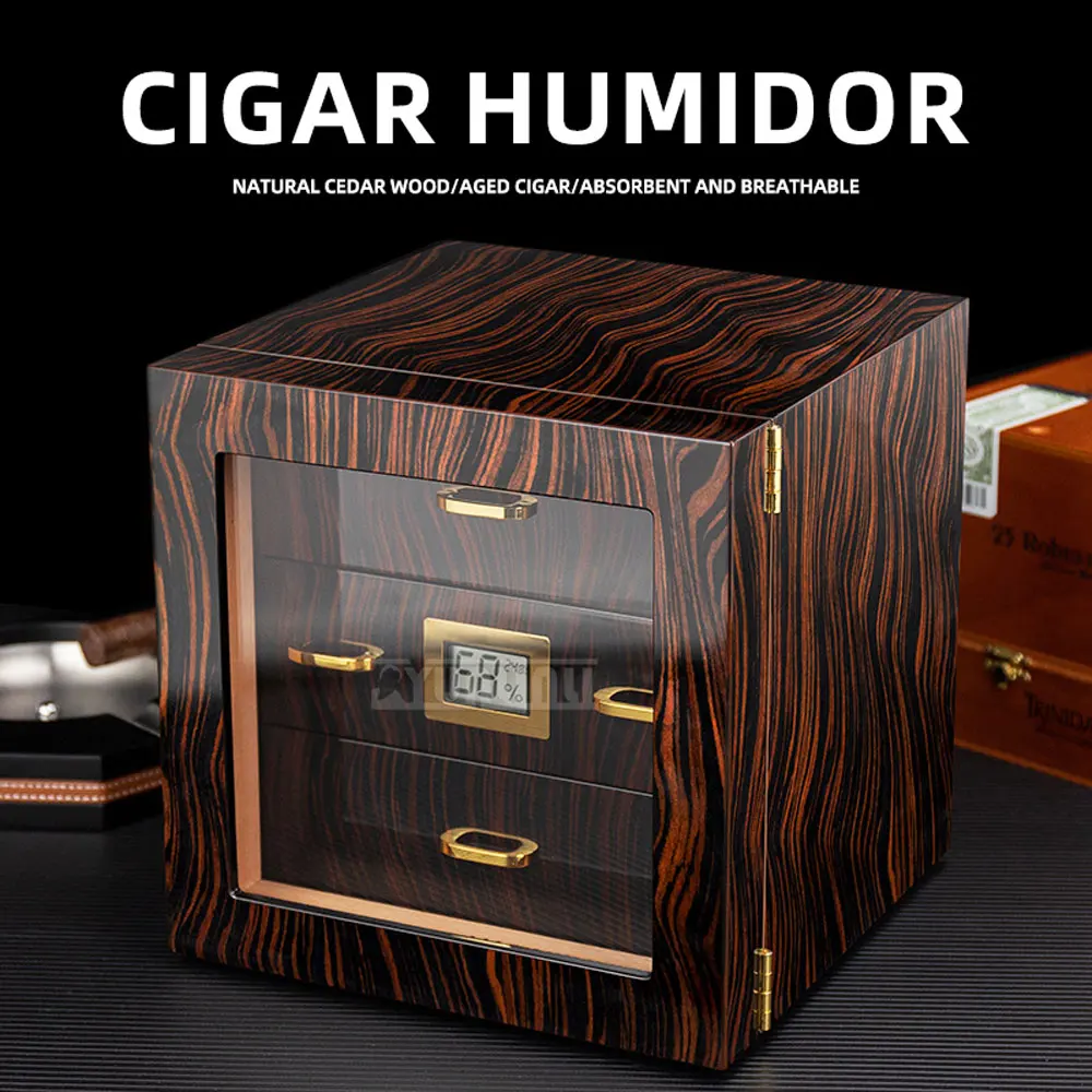 High-Gloss Lacquered Cedar Wood, Cigar Box, Three-Tier Cigar Cabinet with See-Through Windows, Large-Capacity Humidor