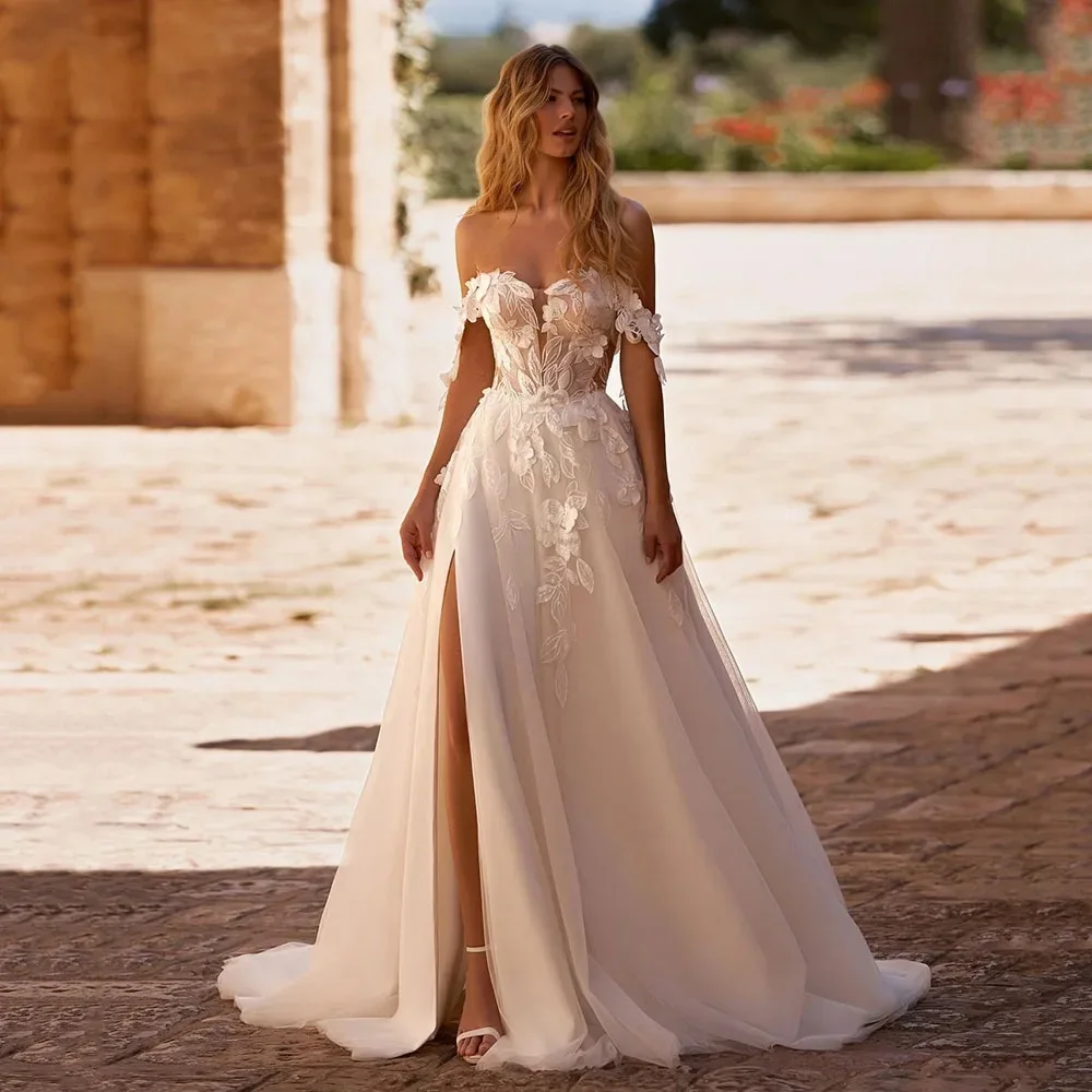 

Customized Romantic Off Shoulder Wedding Dress Fashion Charming Side Slit Shiny Long Bride Robe Floral A Line Vestido de novia