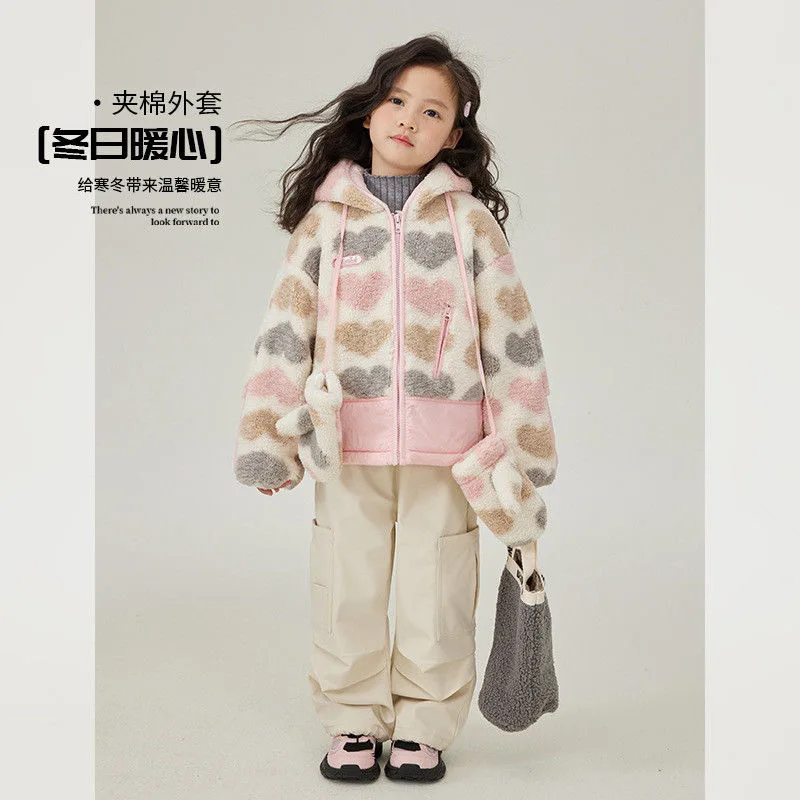Teen Girls Plush Jacket Children's Cotton Clothing Shaken Fleece Thick Kids Clothing 2025 Winter New Warm Gloves Hooded Jacket