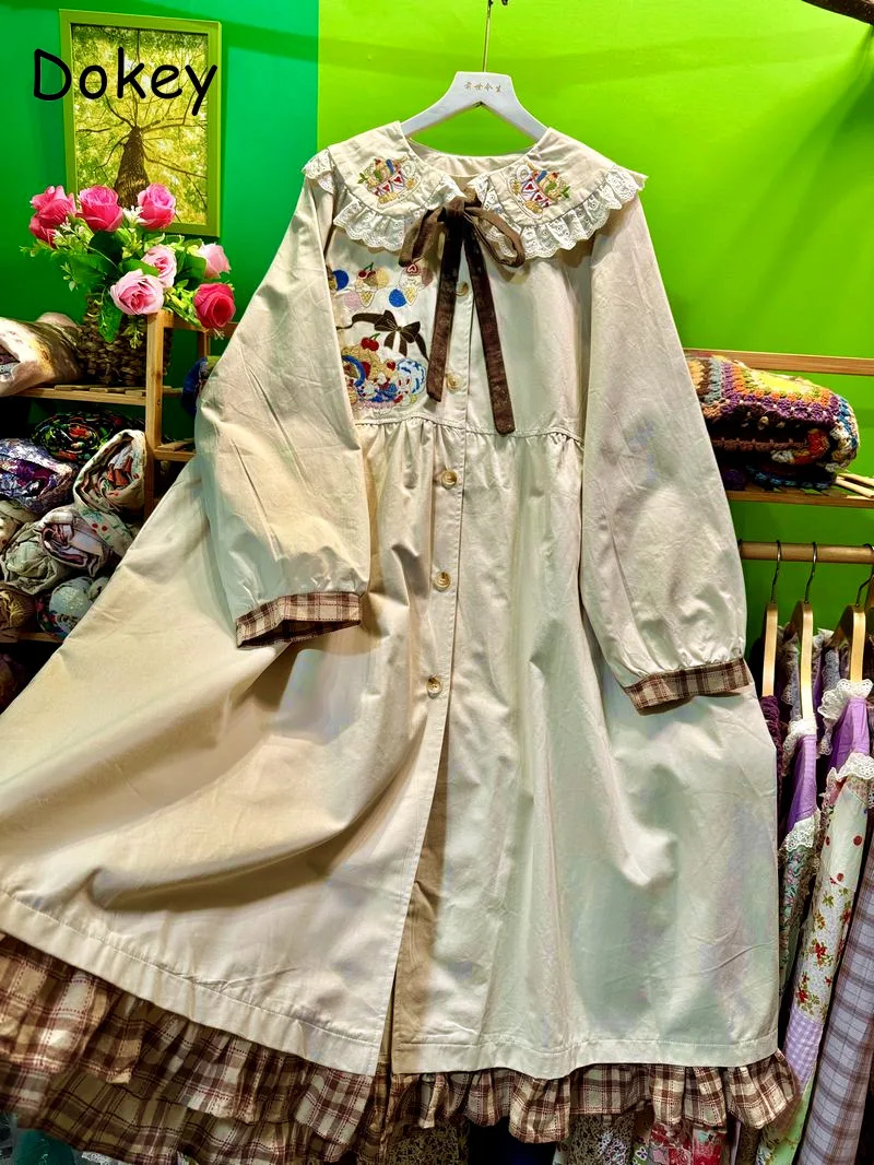 Vintage Peter Pan Kragen Kawaii Lange Trenchcoat Frauen Japanische Mori Mädchen Stickerei Lolita Lose Windjacke Mantel Weibliche