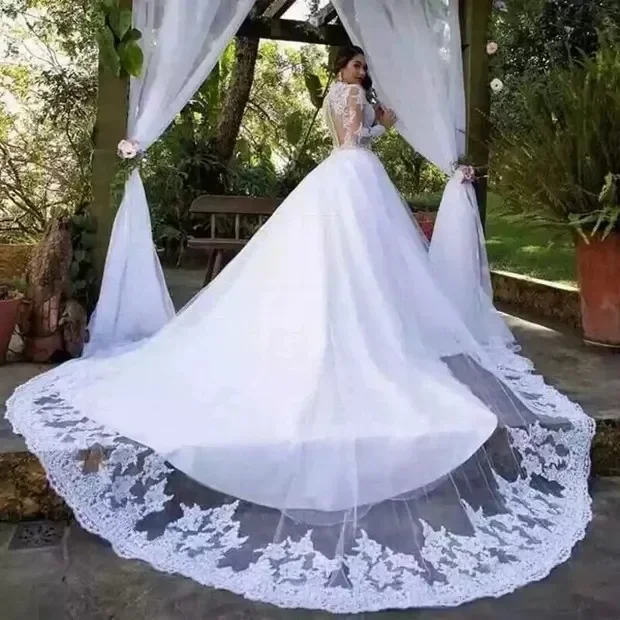 Customized Romantic Spring Wedding Applique Long Sleeves Lace Beaded Sashes High Jewel See Though Back Ball Gown Bridal Dress