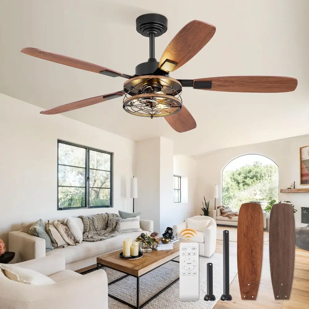 52 Rustic Industrial Cage Ceiling Fan with Light, 6-Speed Reversible Motor, and Remote Control, Suitable for Living Spaces