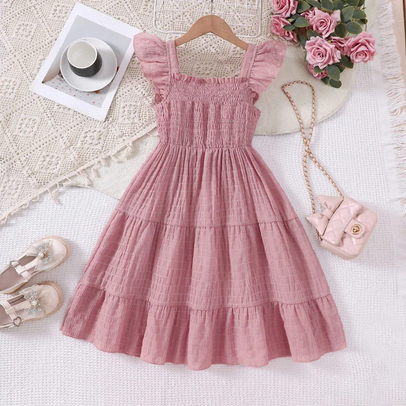 IYEAL Baby Girl Princess Sleeveless Dress New Spring/Summer Vacation Style Solid Color Strap Dress for Girls