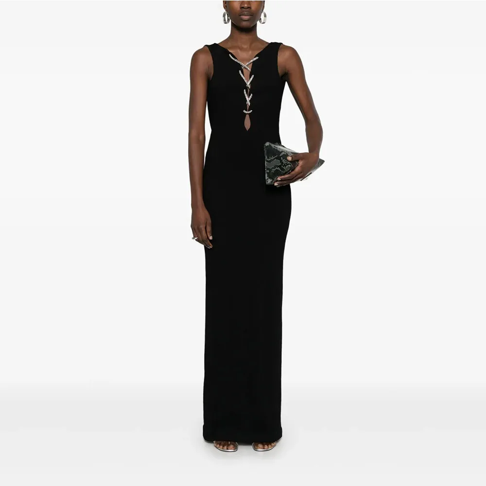 Black Women's Evening Gown Sheath Saudi Dress V Neck Formal Party Dress Floor Length Backless Sleeveless Prom Dress
