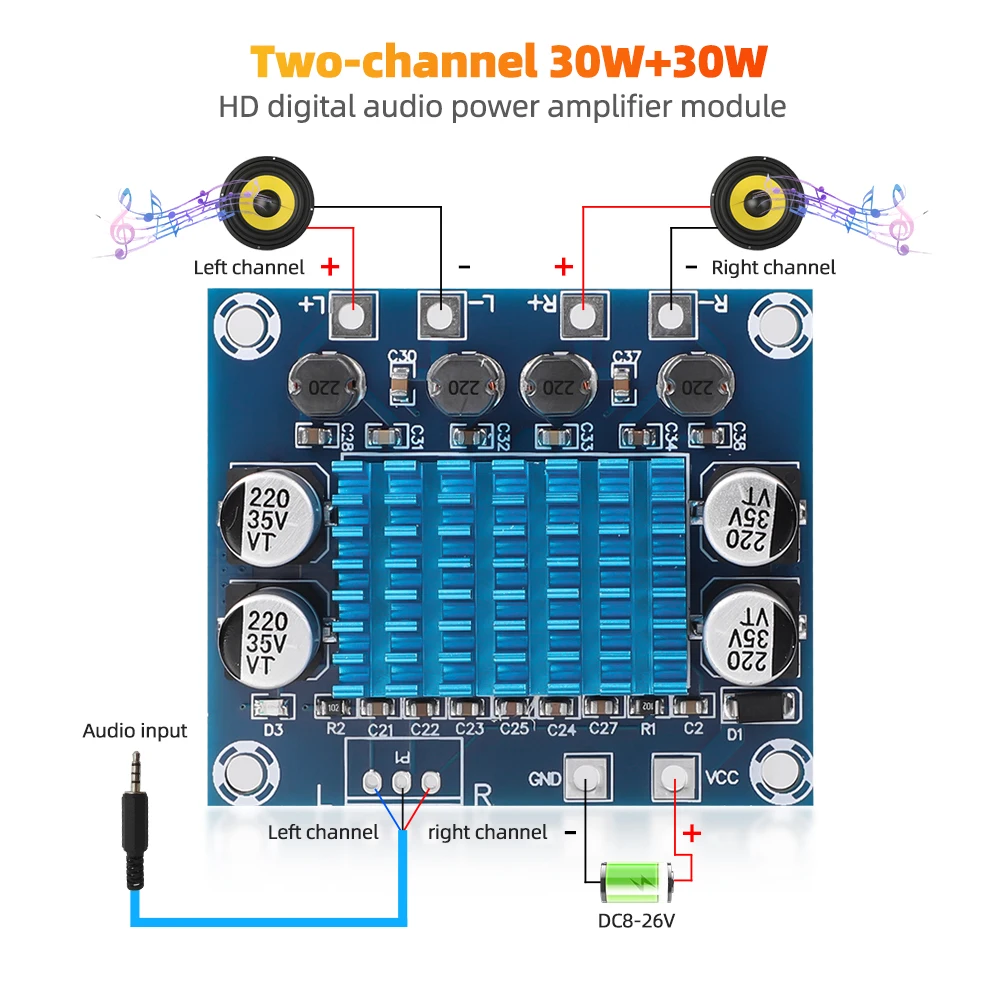 XH-A232 30W+30W 2.0 Channel Digital Stereo Audio Power Amplifier Board High Power 60W DC 8-26V 3A