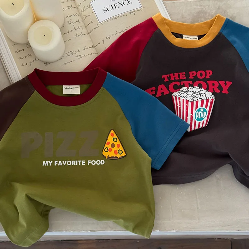 2025 Summer Childrens Boys T-Shirt Fashion Printed Short Sleeved Contrast Baby Girls Tees Kids Boys O-Neck Patchwork T-Shirts