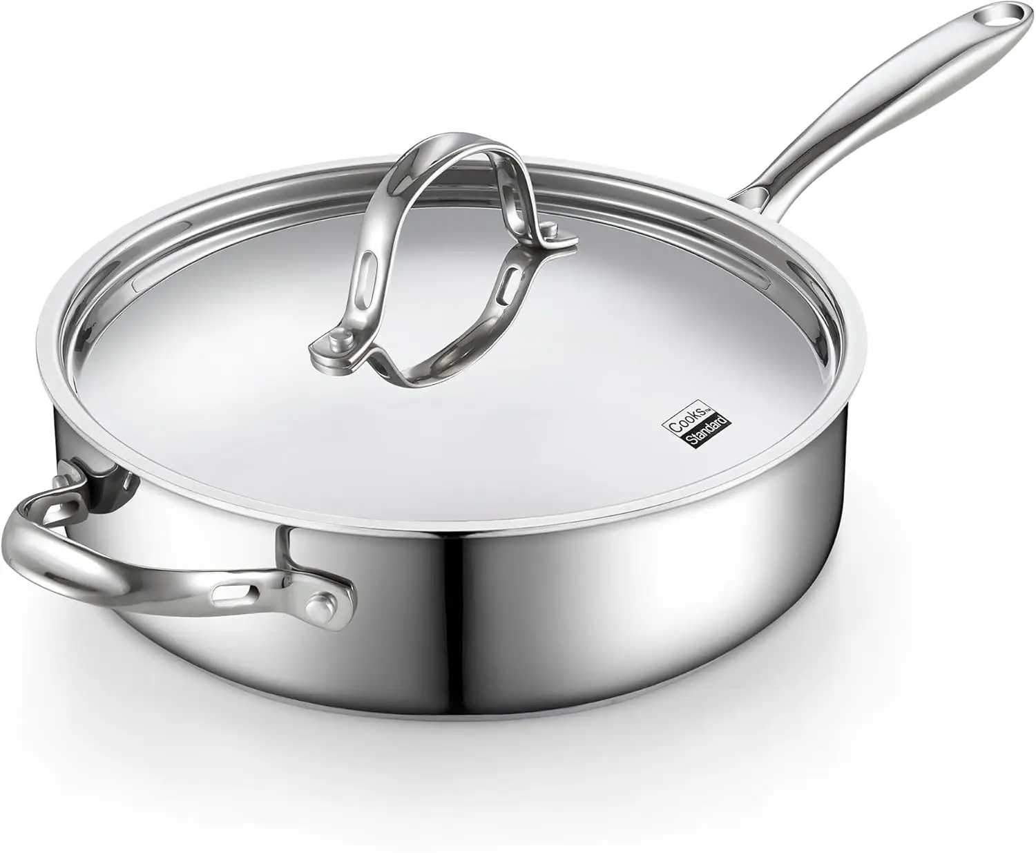 

Classic 11-inch Stainless Steel Saute Pan with Lid, 5 Quart Induction Cookware for Even Cooking