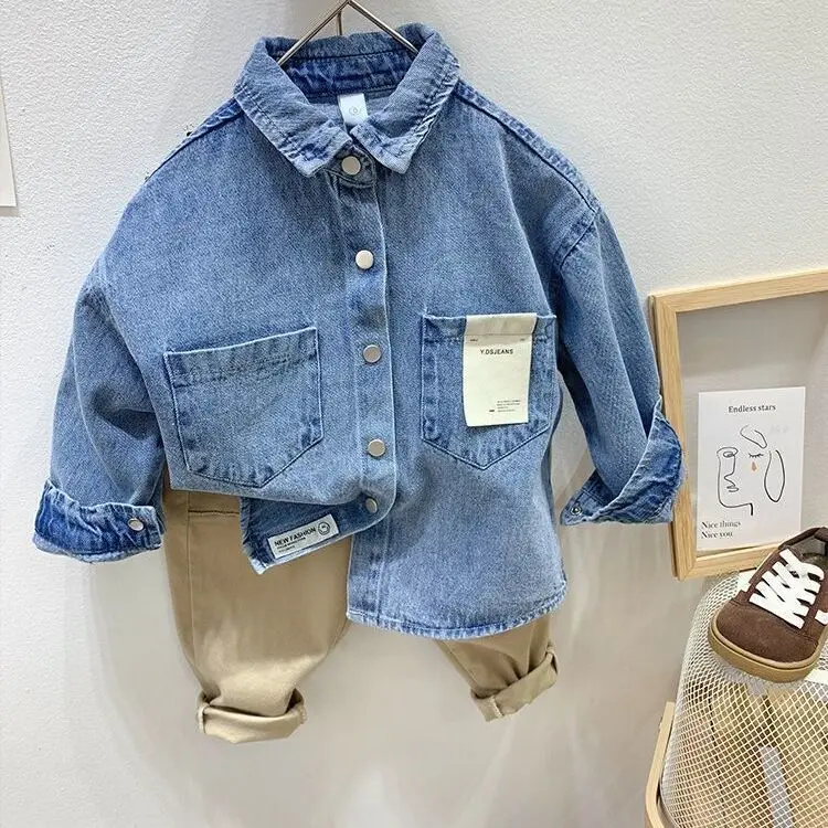 Fashion Boys Blue Denim Shirts Long Sleeved Turn Down Collar Loose Casual Shirt Spring Autumn Children Jean Tops