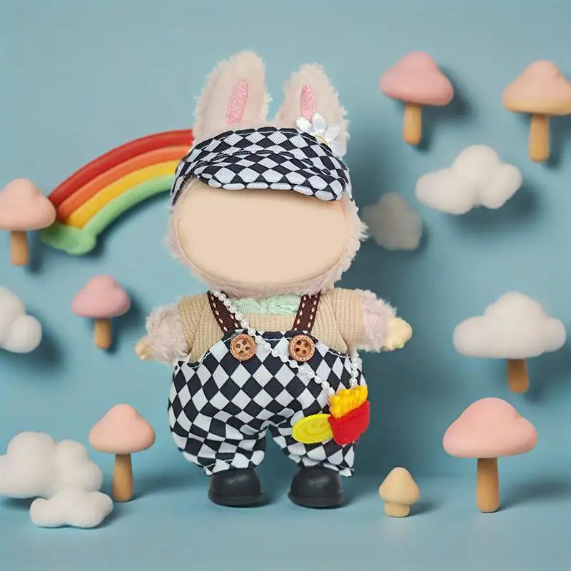 

Clothes for Labubu 1st & 2nd Generation Clothing Set: Plush Outfit, Hanging Accessory, and Grid Overalls
