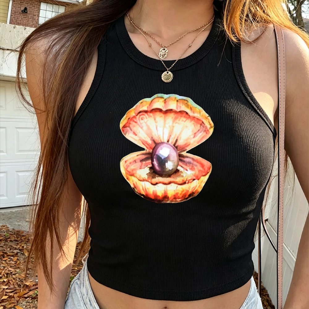 Preppy Aesthetic Ocean Pearl Shell Graphic Black Ribbed Crop Tank Women Watercolor Oyster Print Teen Beach Brunch Fashion Tank