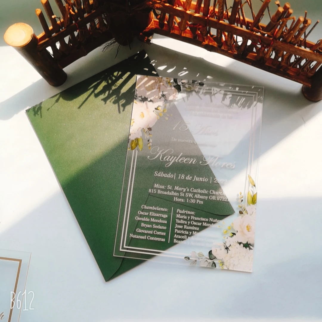 

Acrylic Wedding Invitation,Elegant Green Wedding Invitations,Floral Greenery Unique Invites,UV Printed Acrylic Invitation Cards