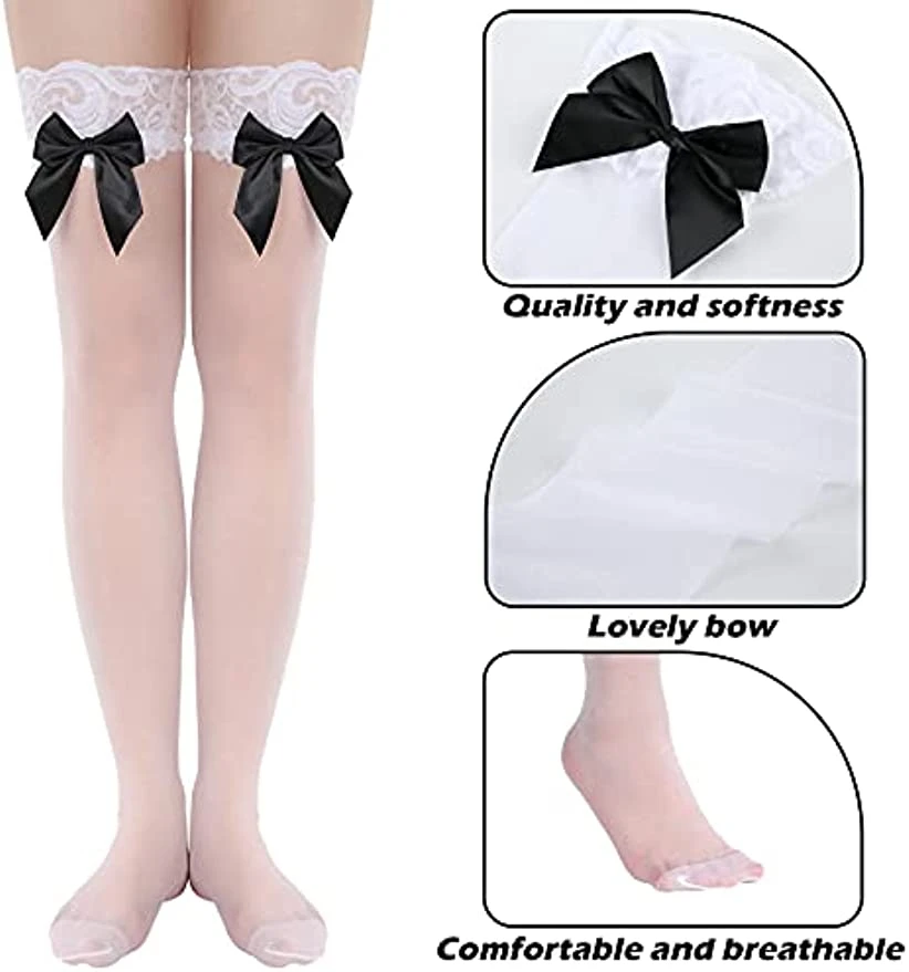 3 Pairs White Stockings Handmade Bow Top Lace Stockings Sheer Silky Sexy Stockings for Women Girls Valentine's Day Gifts