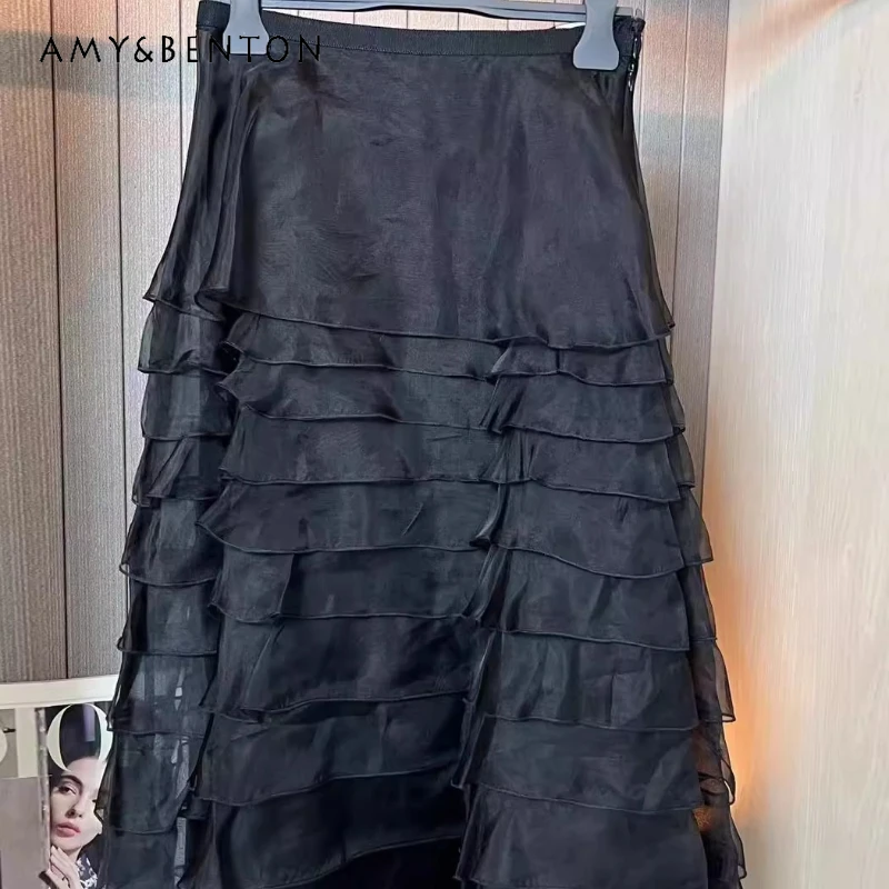 

2026 Spring New Solid Color Layered Women's Cake Skirt French Romantic Design Sweet Elegant Mesh Versatile Long Skirts Ladies
