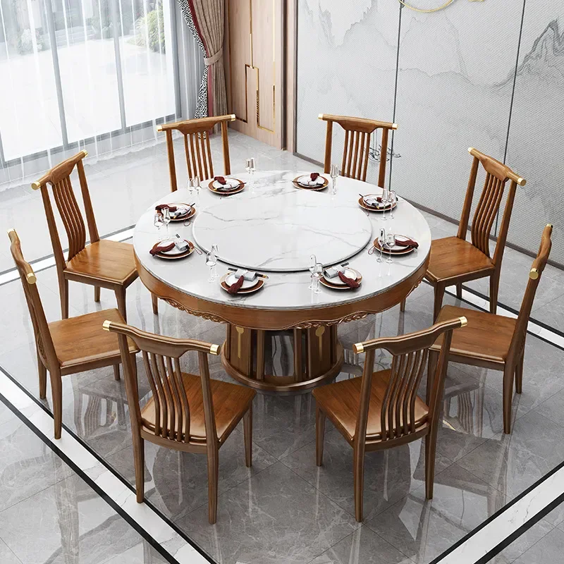 Round Dining Table Set Solid Wood Sintered Stone Top Lazy Susan Modern Luxury Small Apartment Kitchen Furniture 4 Chairs