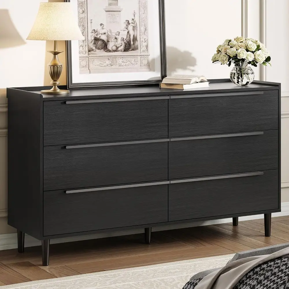 66cm Wide Black Dresser for Bedroom, 6 Drawer Double Dresser with Woodgrain Finish, Large Horizontal Storage Chest & TV Stand fo