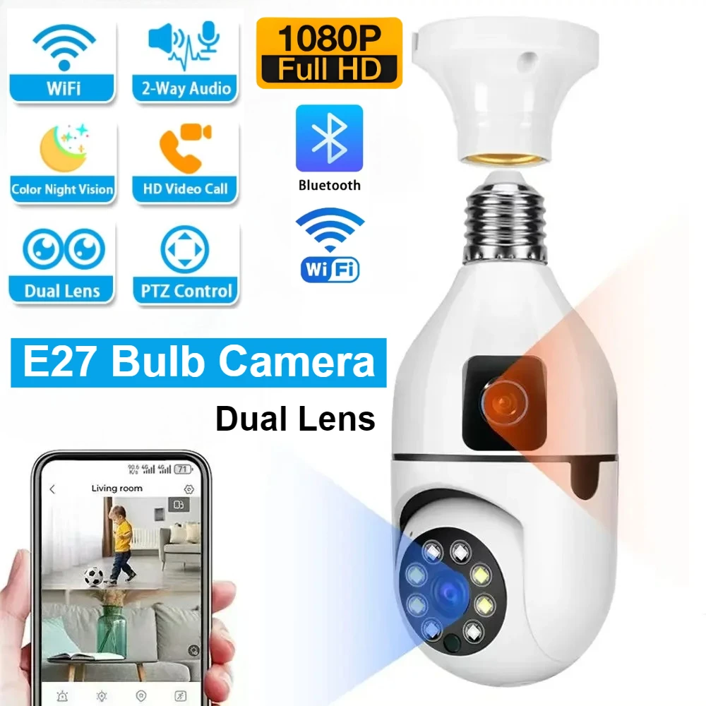 2MP Dual Lens E27 Bulb Camera Wifi PTZ Auto Tracking Night Vision Wireless Cctv 2-way Audio Smart Home Security Cameras Video