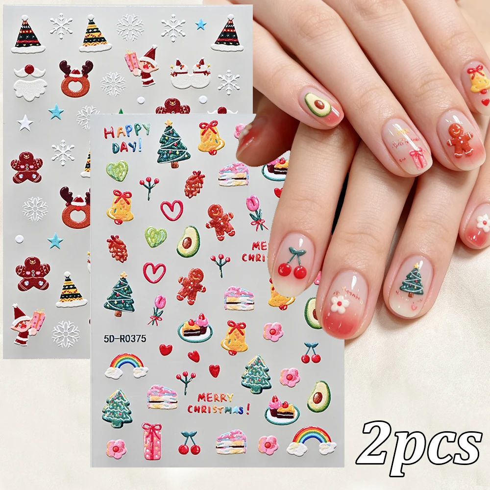2pcs Colored Pencil Christmas Tree Nail Art Stickers 5D Embossed Cake Bell Gingerbread Man Christmas Nail Decals Winter Manicure