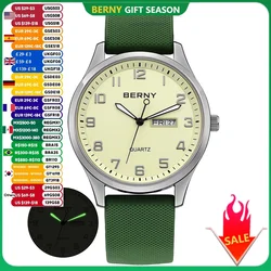 Berny-Relógio de quartzo luminoso impermeável masculino, Data automática, Calendário, Clássico, Esportes, Masculino, Moda